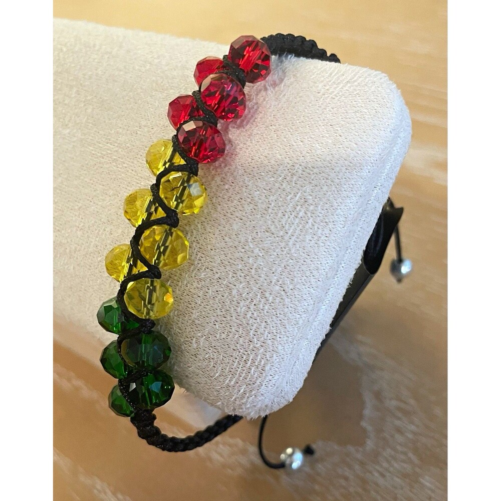 Red Green Yellow Round Bead Black Cord Bracelet Adjustable